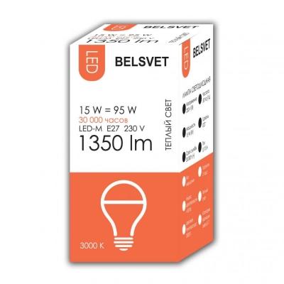 Лампа Белсвет LED-M A65 15W 3000 K E27 К